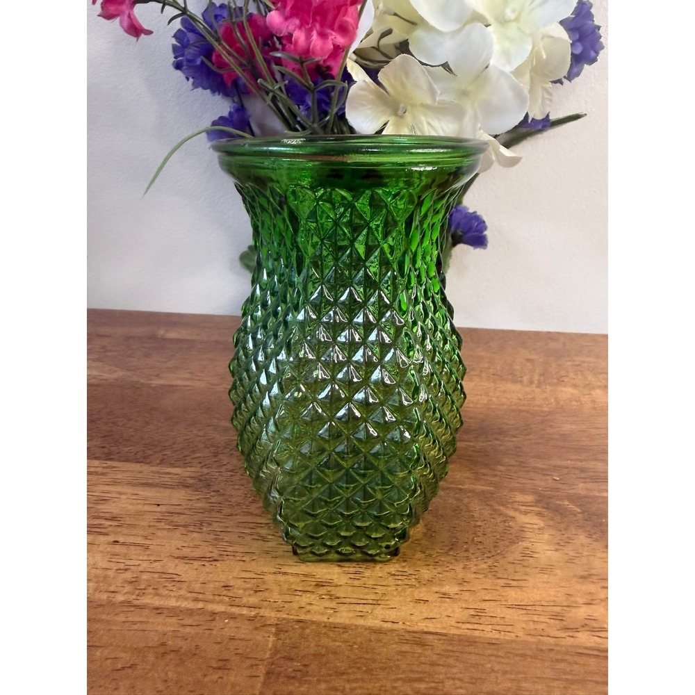 Vintage Hoosier Glass Emerald Green Diamond Point Pressed Glass Vase MCM Retro